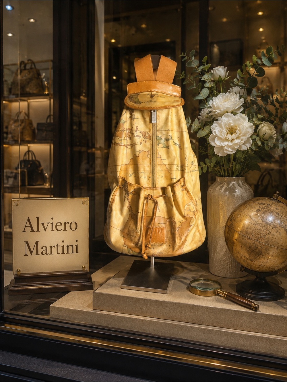 Alviero Martini Map-Print Yellow-Tan Drawstring Backpack
